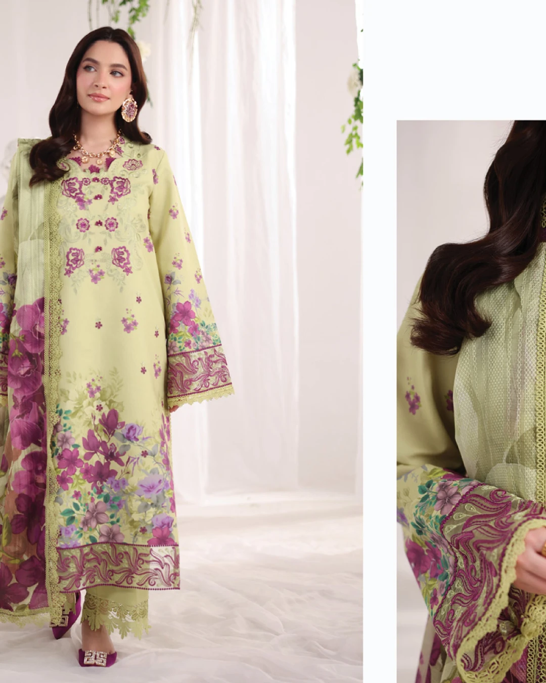 Elena Lime Blossom Luxury Embroidered Lawn Three-Piece Suit