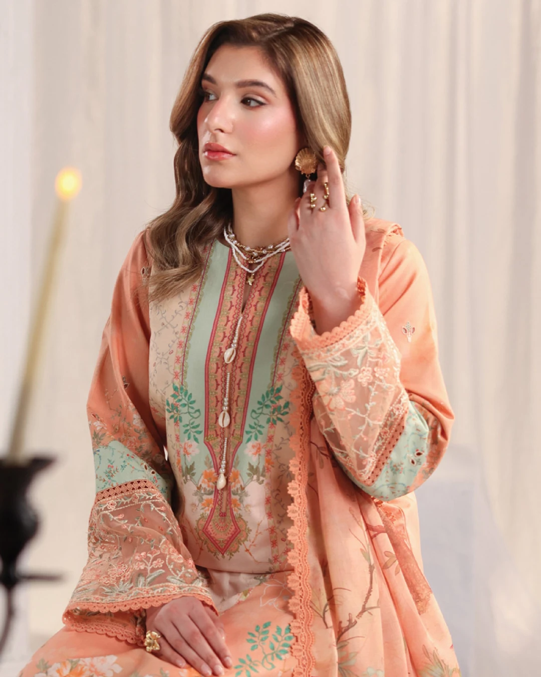 Cecilia Sunset Peach Luxury Embroidered Lawn Three-Piece Suit