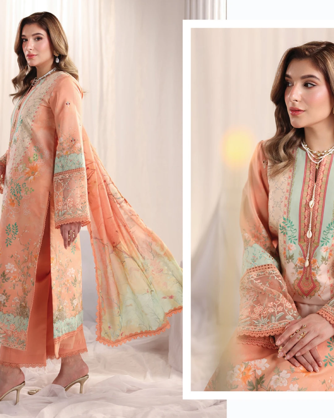 Cecilia Sunset Peach Luxury Embroidered Lawn Three-Piece Suit