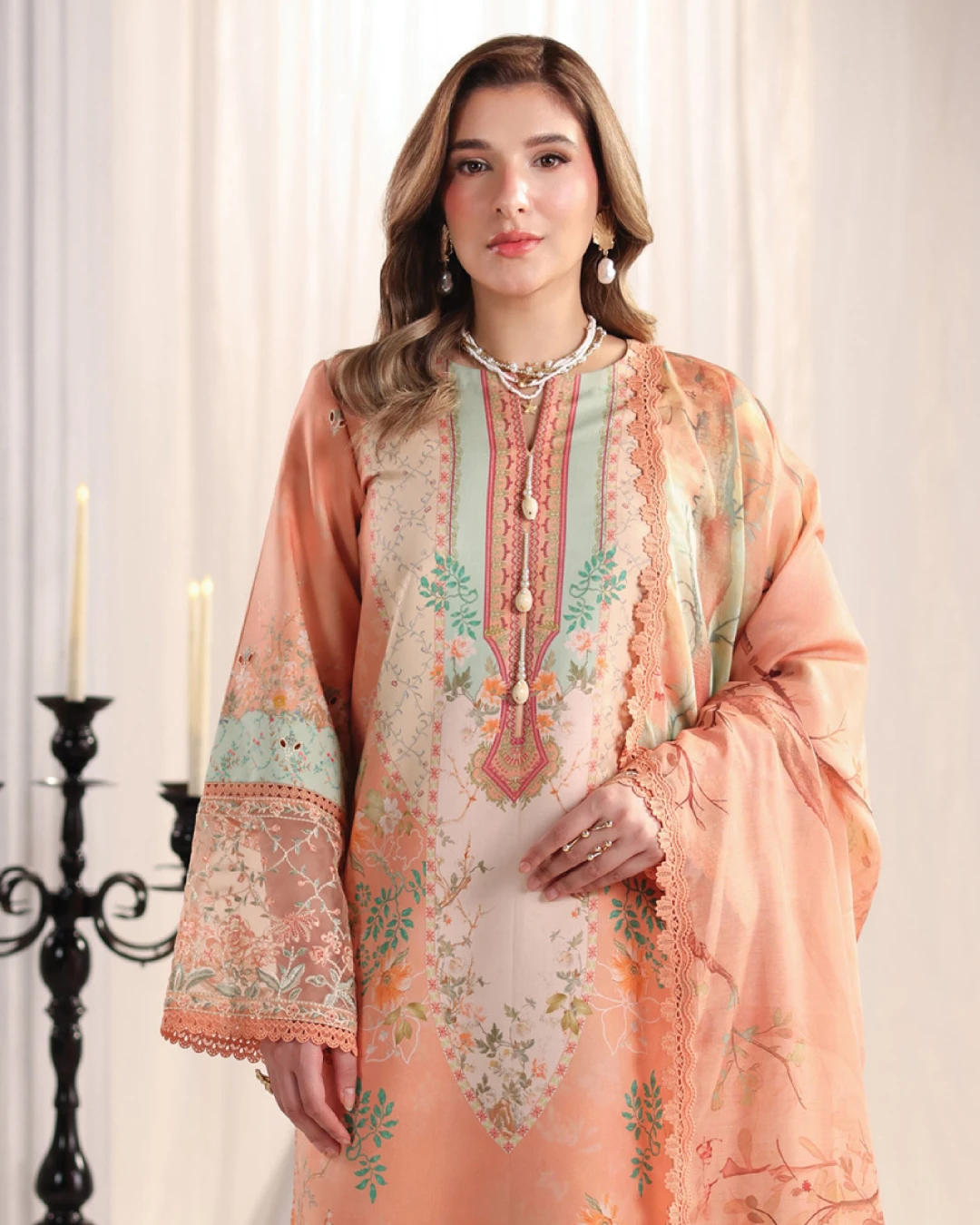 Cecilia Sunset Peach Luxury Embroidered Lawn Three-Piece Suit