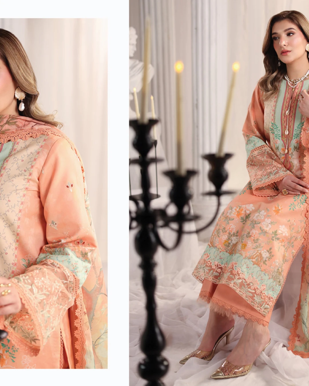 Cecilia Sunset Peach Luxury Embroidered Lawn Three-Piece Suit