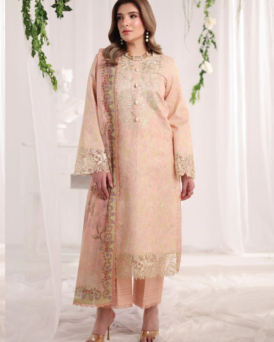 Gabriella Soft Peach Luxury Embroidered Lawn Three-Piece Suit