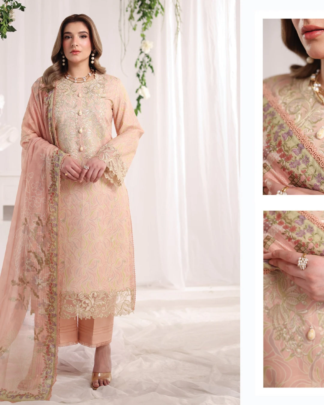 Gabriella Soft Peach Luxury Embroidered Lawn Three-Piece Suit