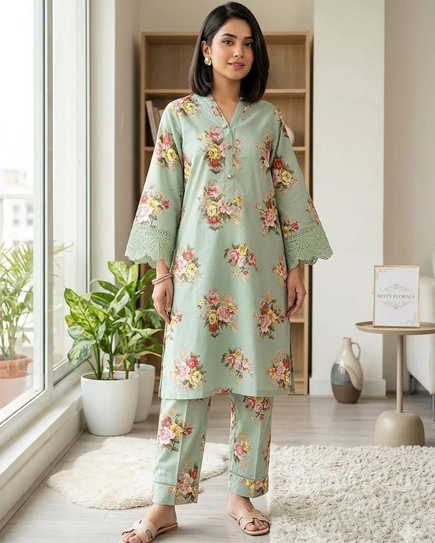 Esra Sage Green Floral Luxury Cotton Two-Piece Suit