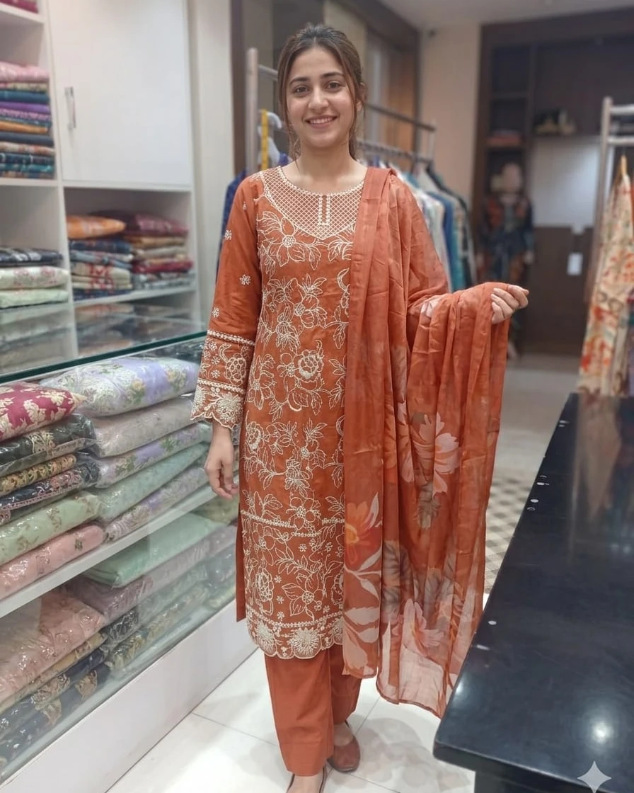 Esra Terracotta Rust Luxury Embroidered Cotton Three-Piece Suit