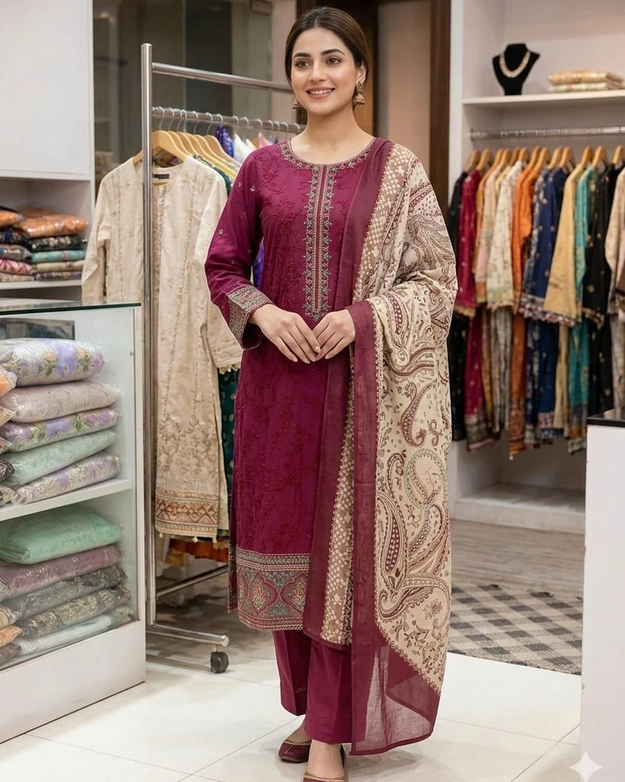 Esra Deep Plum Luxury Embroidered Cotton Three-Piece Suit