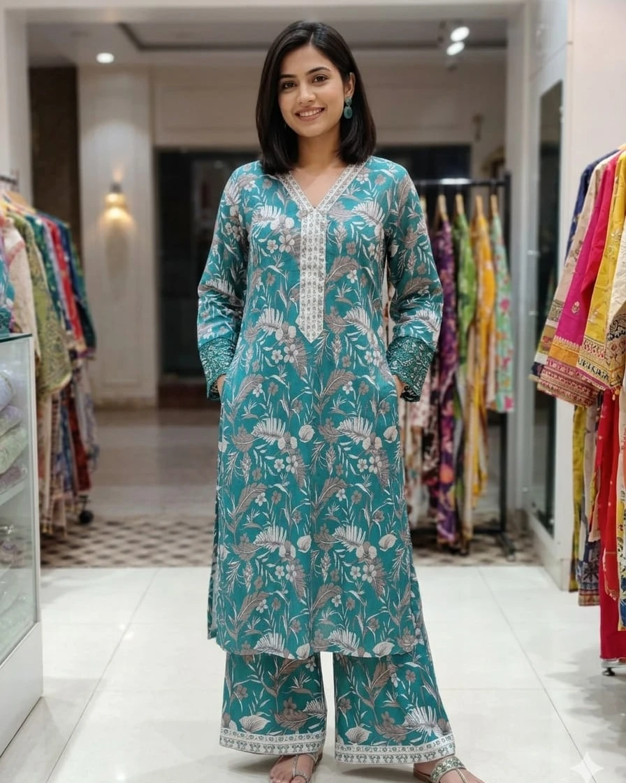 Esra Teal Teal-Green Floral Luxury Cotton Two-Piece Suit