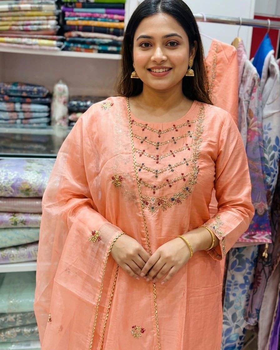 Peach Salmon Luxury Karchupi Toshor Silk Two-Piece Suit