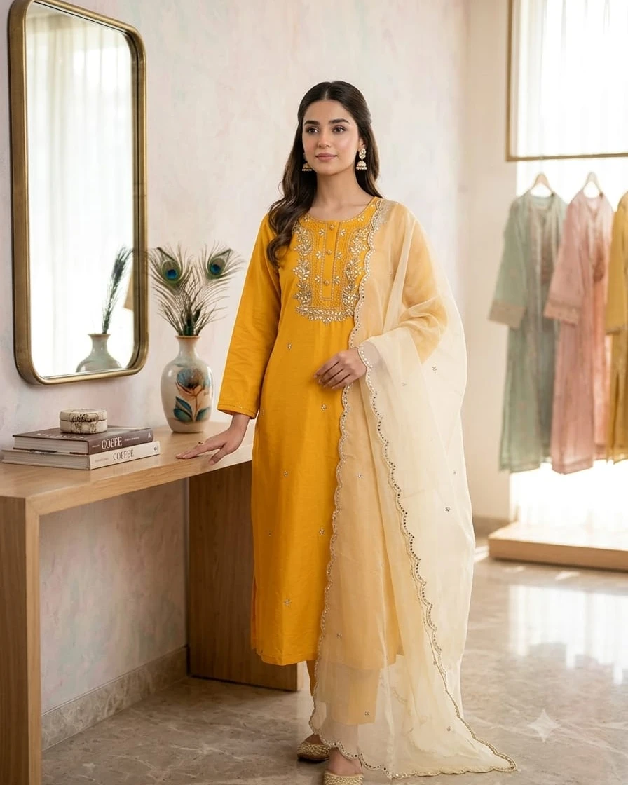 Mustard Gold Luxury Karchupi Toshor Silk Two-Piece Suit