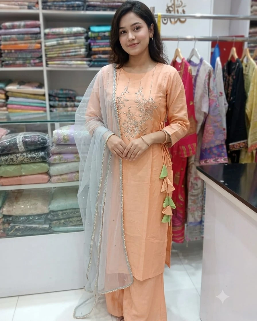 Pastel Peach Luxury Karchupi Toshor Silk Three-Piece Suit