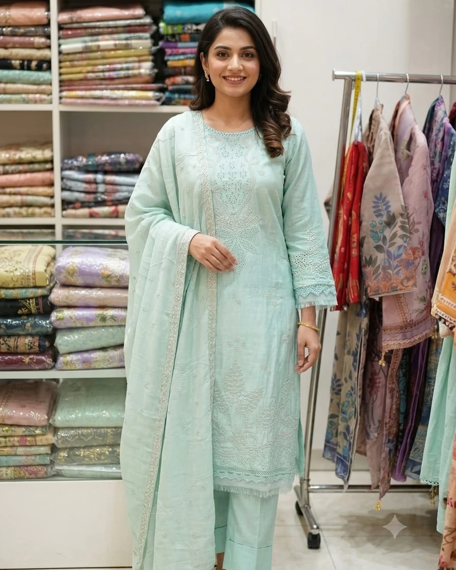 Nureh Mint Ice-Blue Luxury Embroidered Toshor Silk Three-Piece Suit