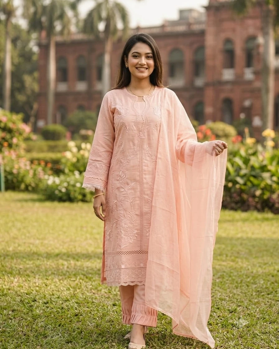 Nureh Pastel Peach Luxury Embroidered Toshor Silk Three-Piece Suit
