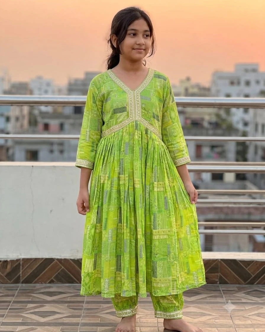 Lime Citron Printed Soft Linen Alia-Cut Two-Piece Suit