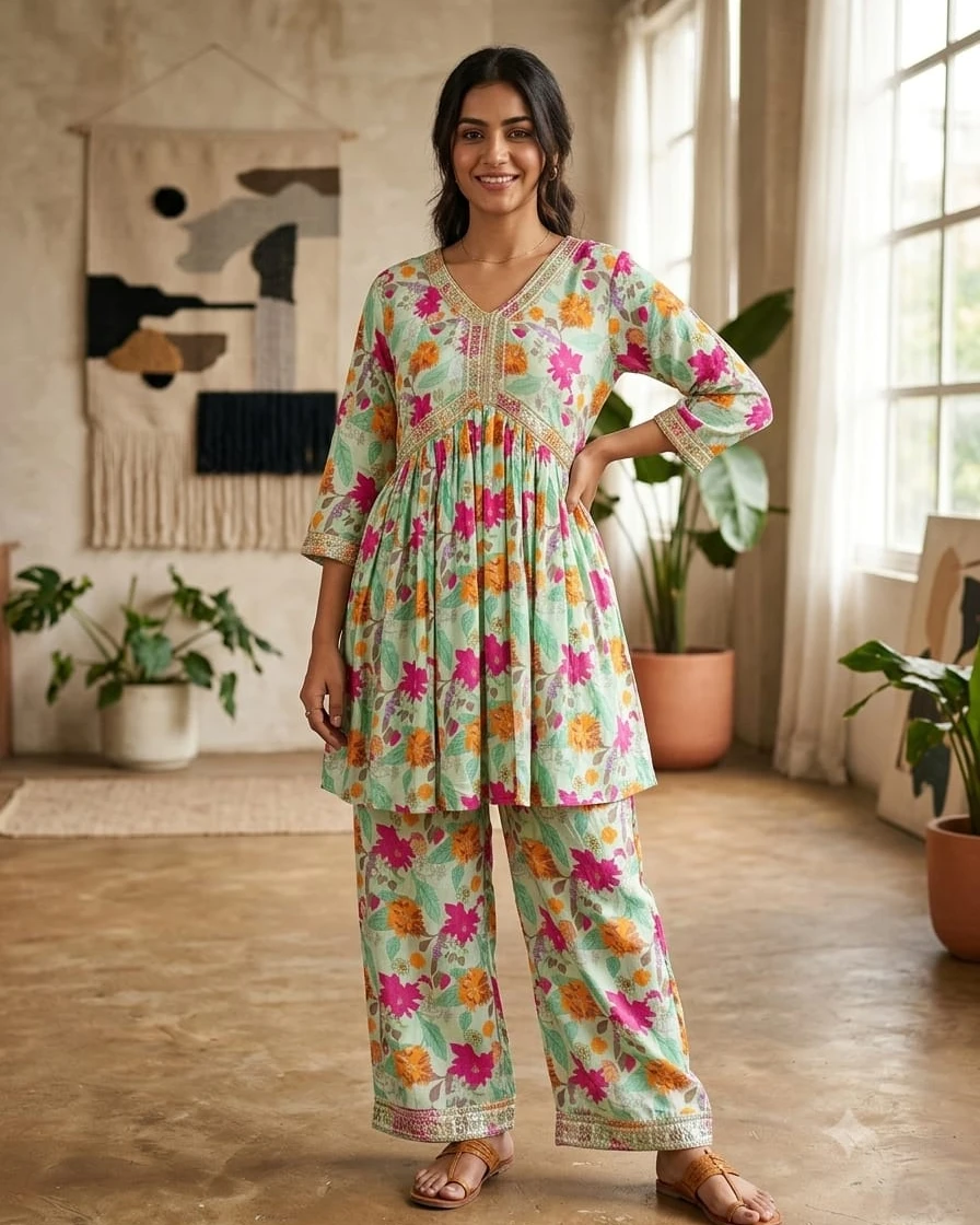 Mint Paradise Printed Soft Linen Alia-Cut Two-Piece Suit