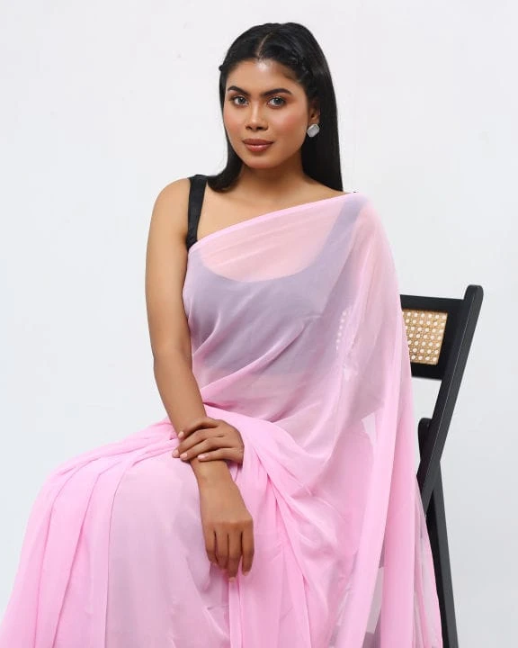 Pure Georgette Babypink Plain Saree For Women