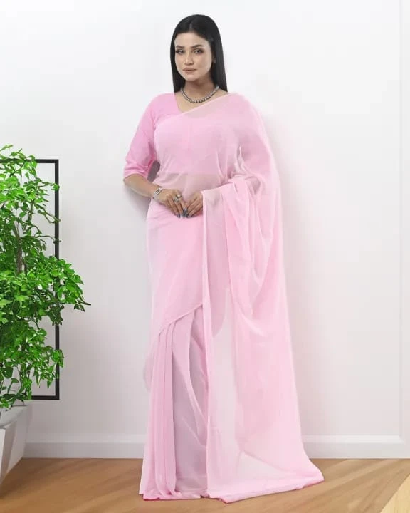 Pure Georgette Babypink Plain Saree For Women