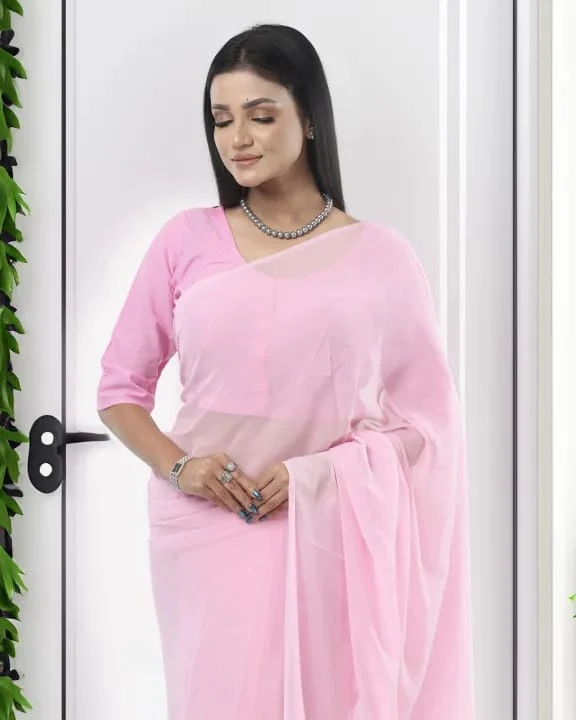 Pure Georgette Babypink Plain Saree For Women