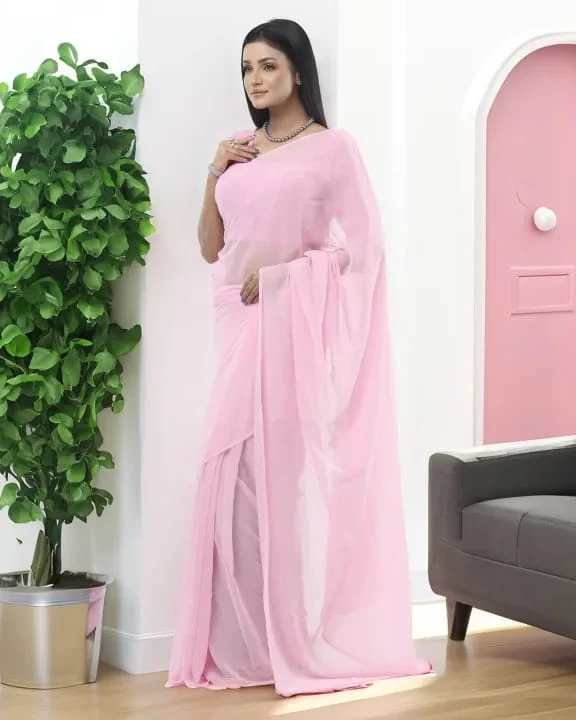 Pure Georgette Babypink Plain Saree For Women