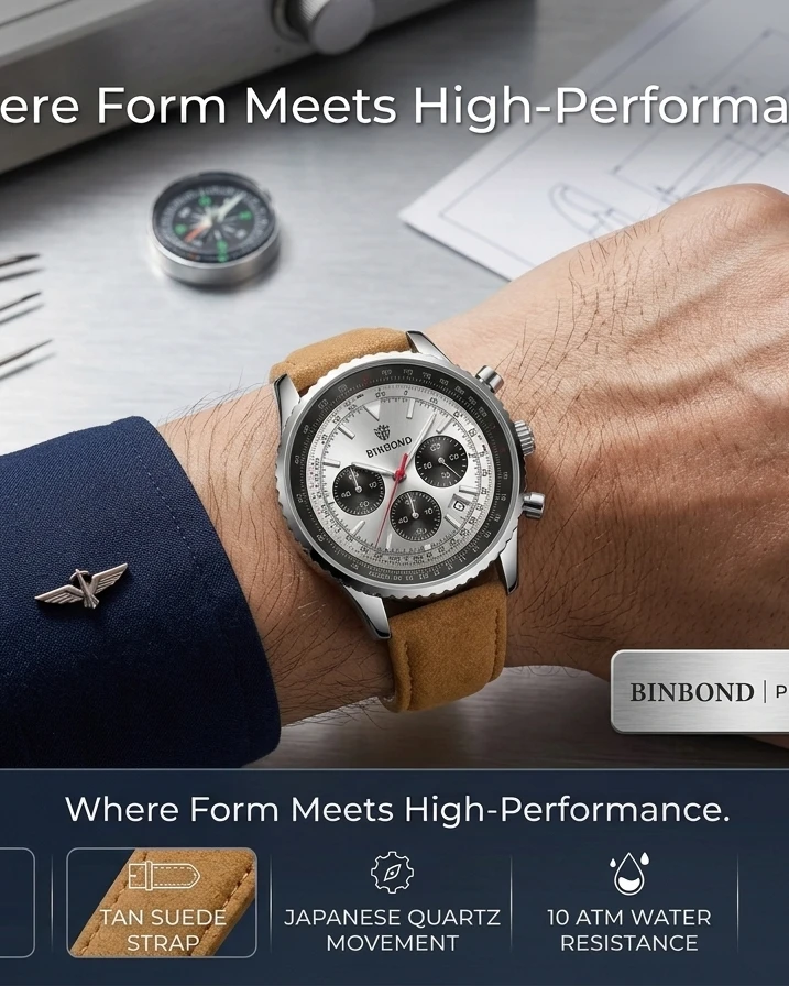 BINBOND Mens Quartz Chronograph Watch Luminous Date Waterproof Leather