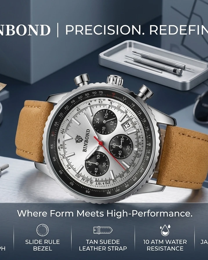 BINBOND Mens Quartz Chronograph Watch Luminous Date Waterproof Leather