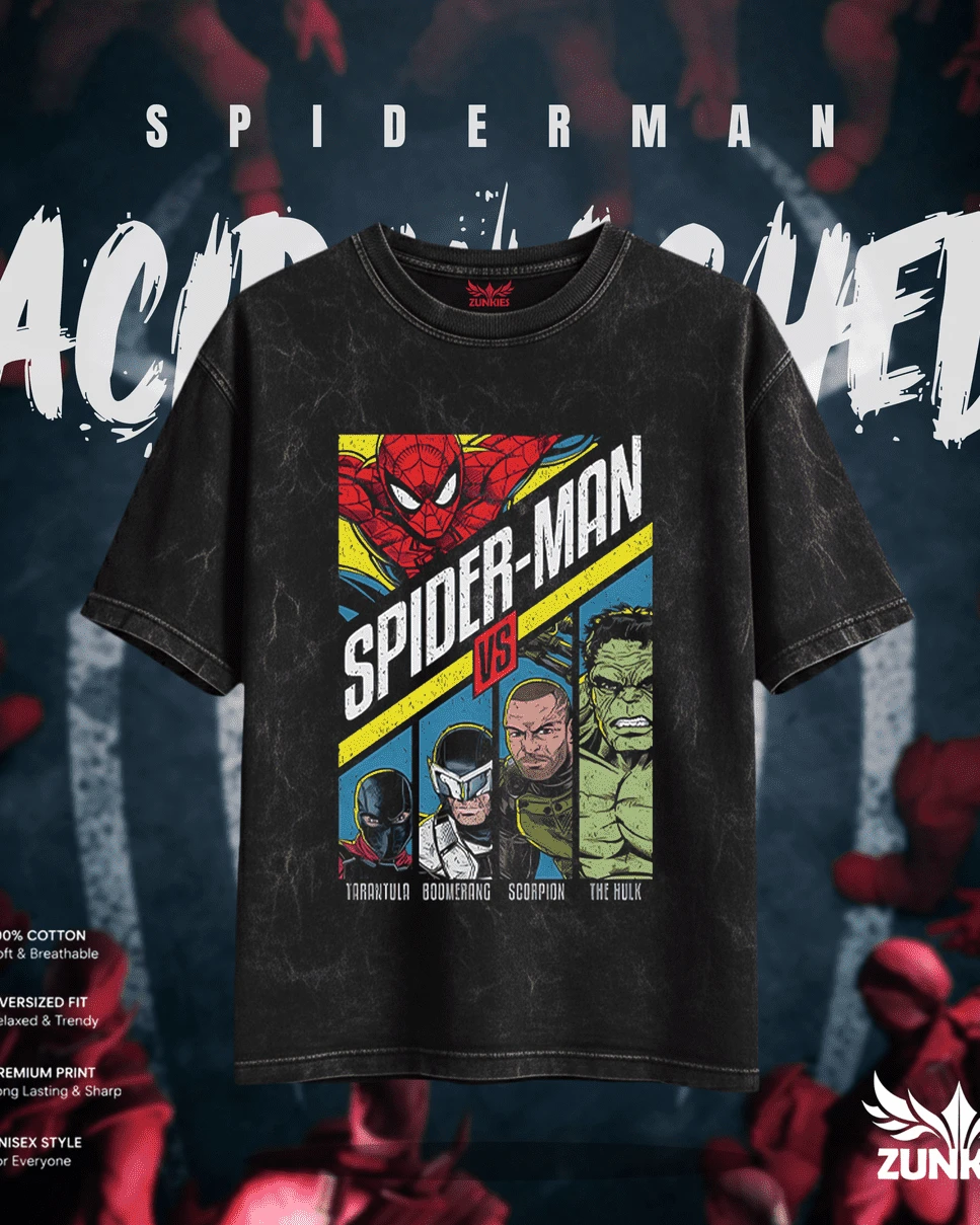 Spider-Man vs. Foes Comic Panel Acid Wash Tee