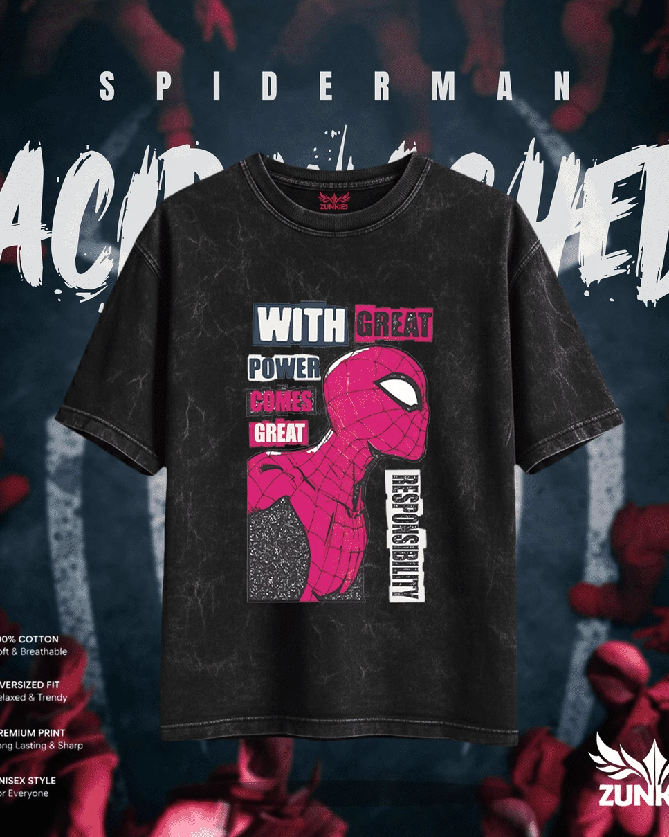 Spider-Man "Great Responsibility" Quote Acid Wash Tee
