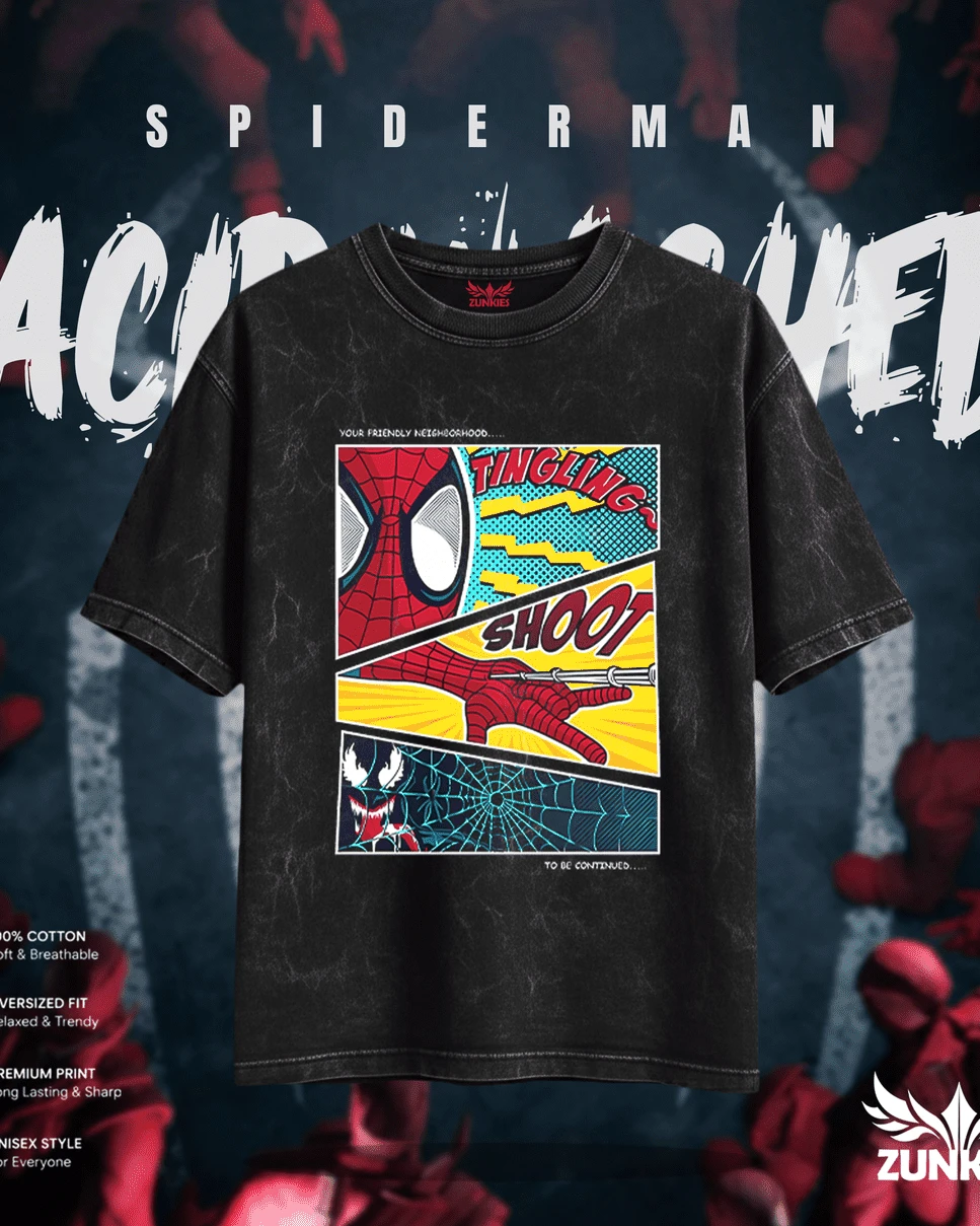 Spider-Man Comic Script Panel Acid Wash Tee