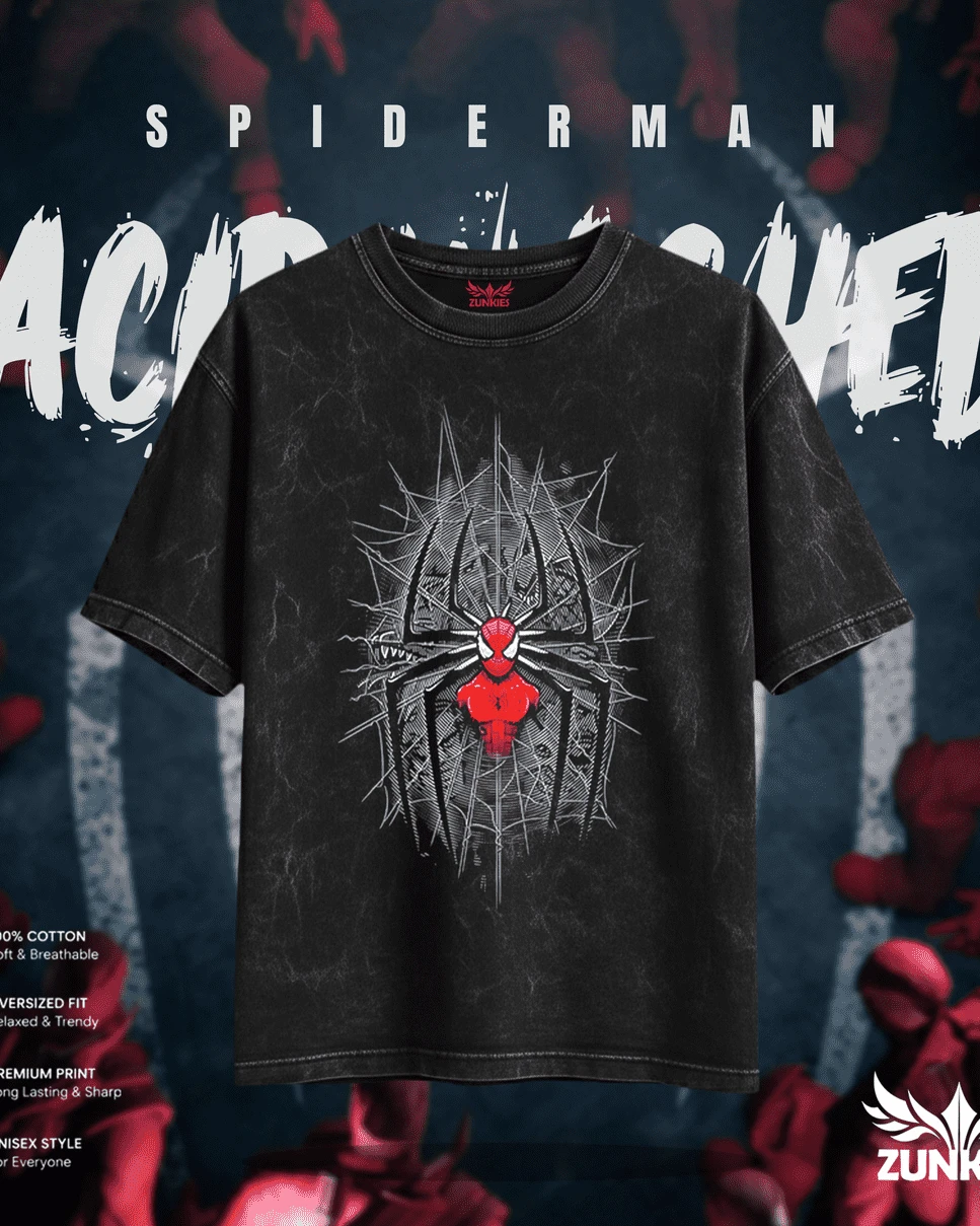 Spider-Man Centered Web Silhouette Acid Wash Tee
