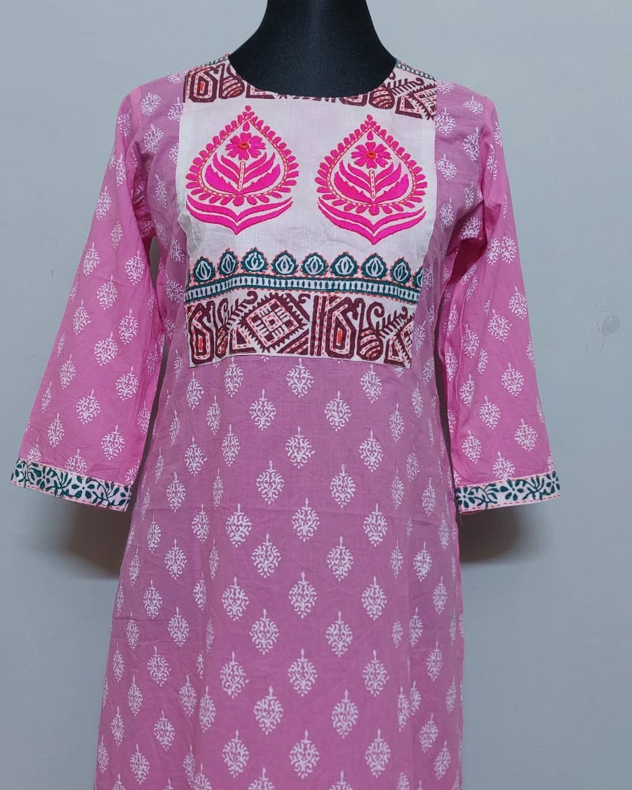 Blossom Pink Embroidered Yoke Cotton Kurti