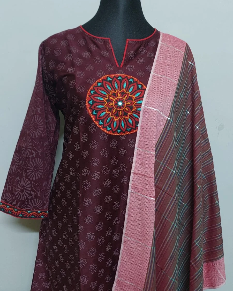Mahogany Mandala Embroidered Cotton Kurti Set