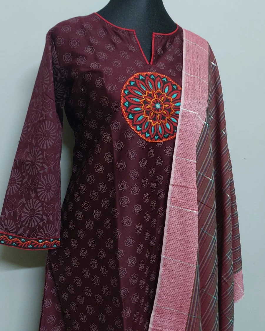 Mahogany Mandala Embroidered Cotton Kurti Set