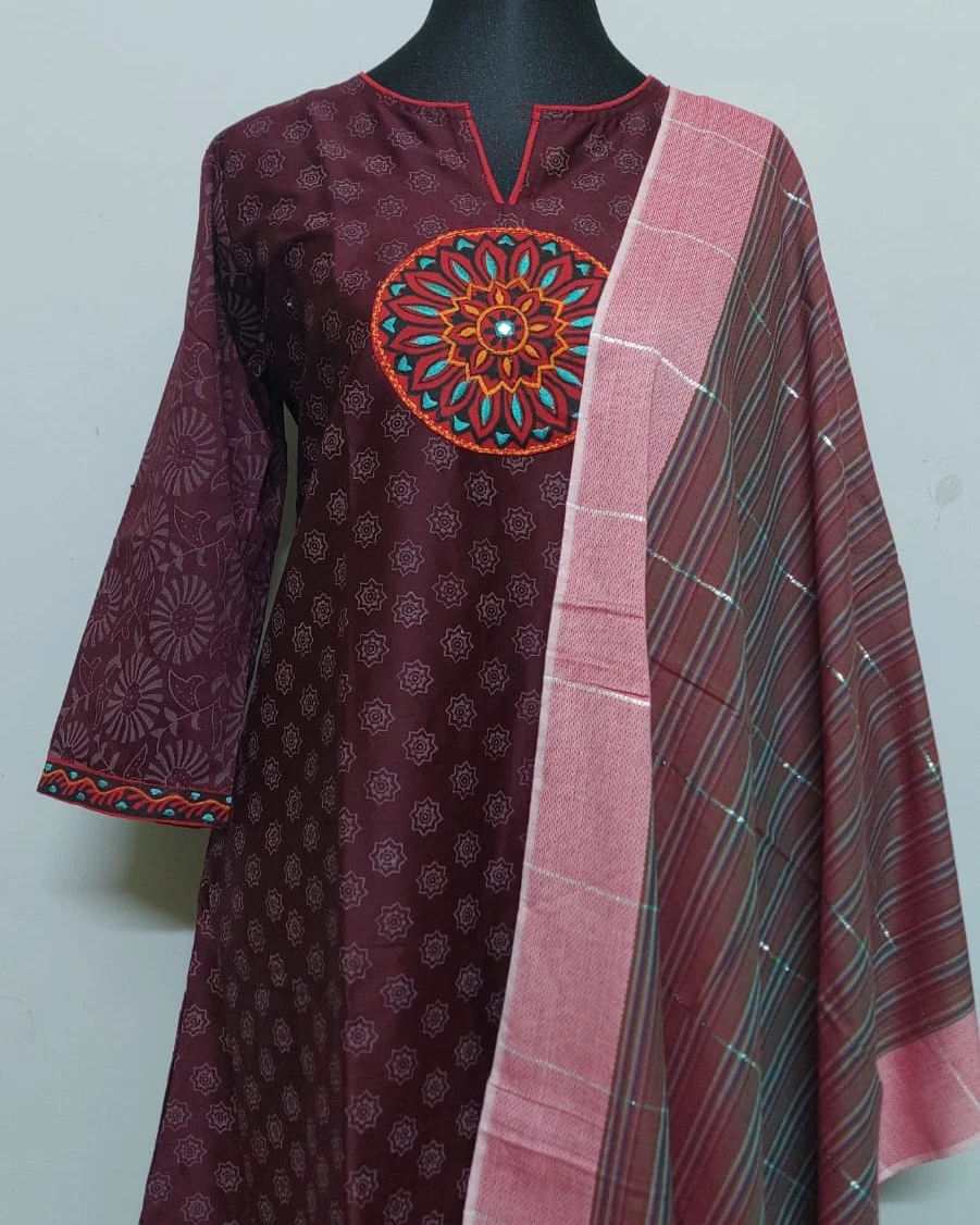 Mahogany Mandala Embroidered Cotton Kurti Set