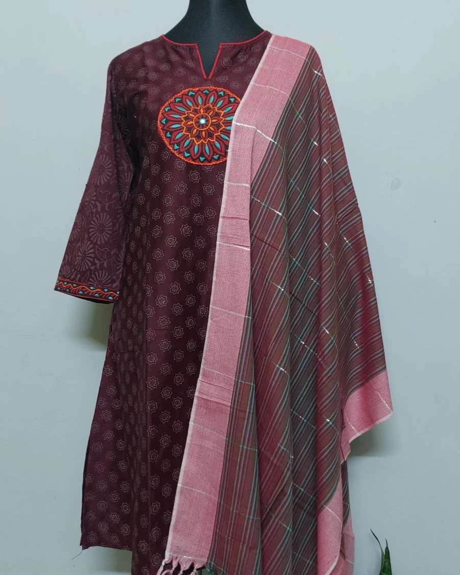 Mahogany Mandala Embroidered Cotton Kurti Set