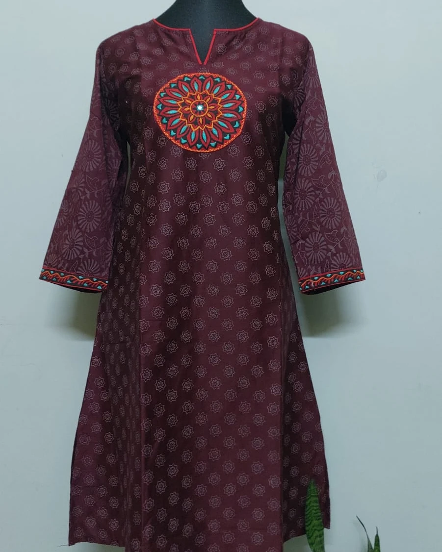 Mahogany Mandala Embroidered Cotton Kurti Set