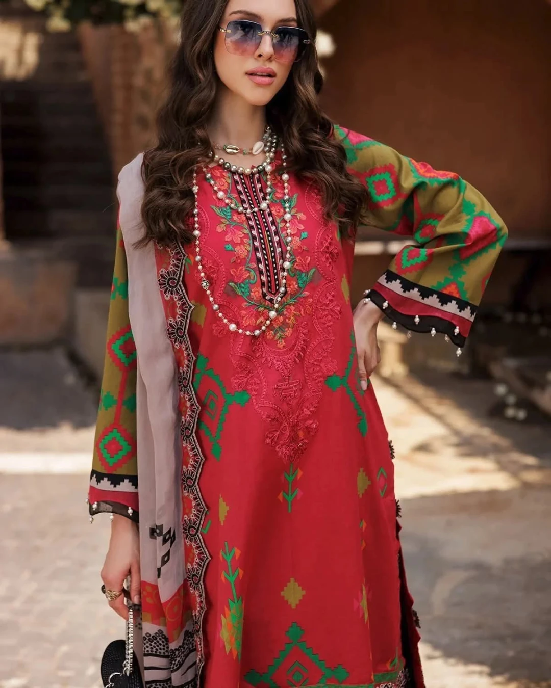 Crimson Ikat Oasis Embroidered Cotton Salwar Suit Set