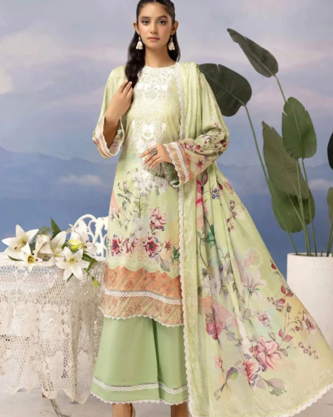Mint Blossom Embroidered Cotton Salwar Suit Set