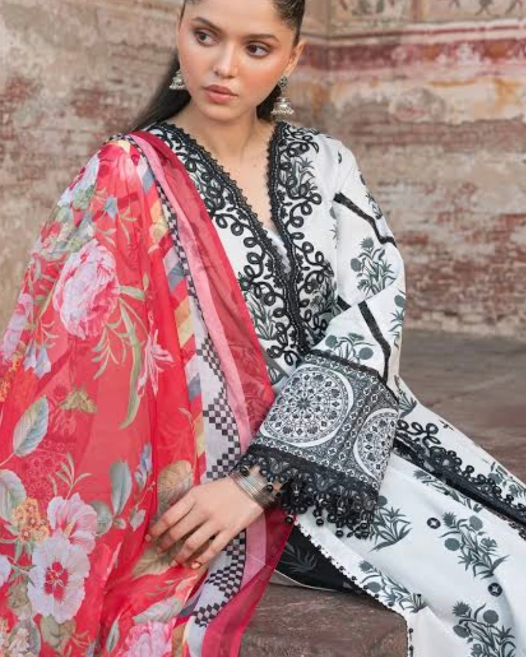 Monochrome Ivory Monarch Embroidered Cotton Salwar Suit Set