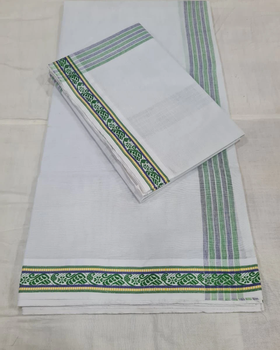 White Cotton Unstitched Dhuti & Utori Set with Green Floral Border