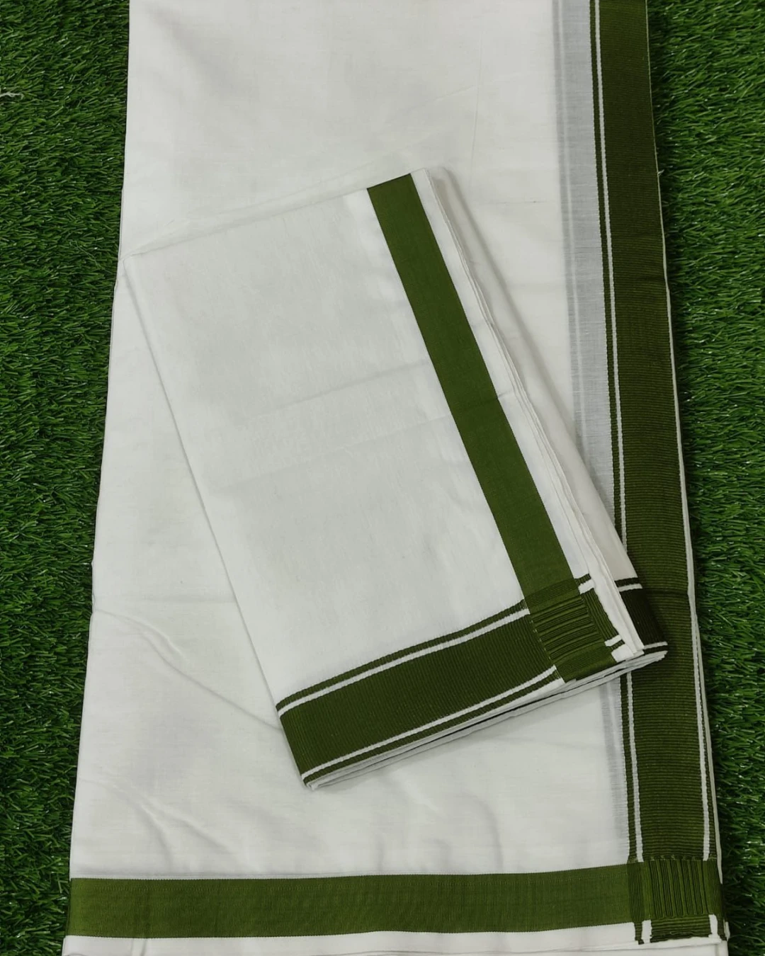White Cotton Unstitched Dhuti & Utori Set with Dark Green Border