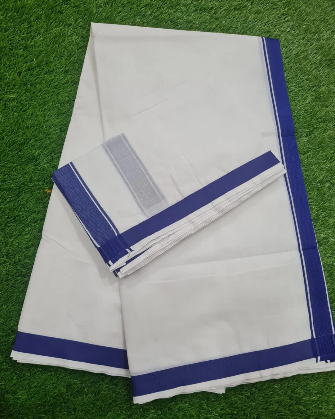 White Cotton Unstitched Dhuti & Utori Set with Blue Border