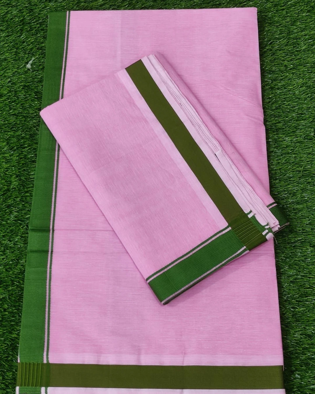 Pink Cotton Unstitched Dhuti & Utori Set with Dark Green Border