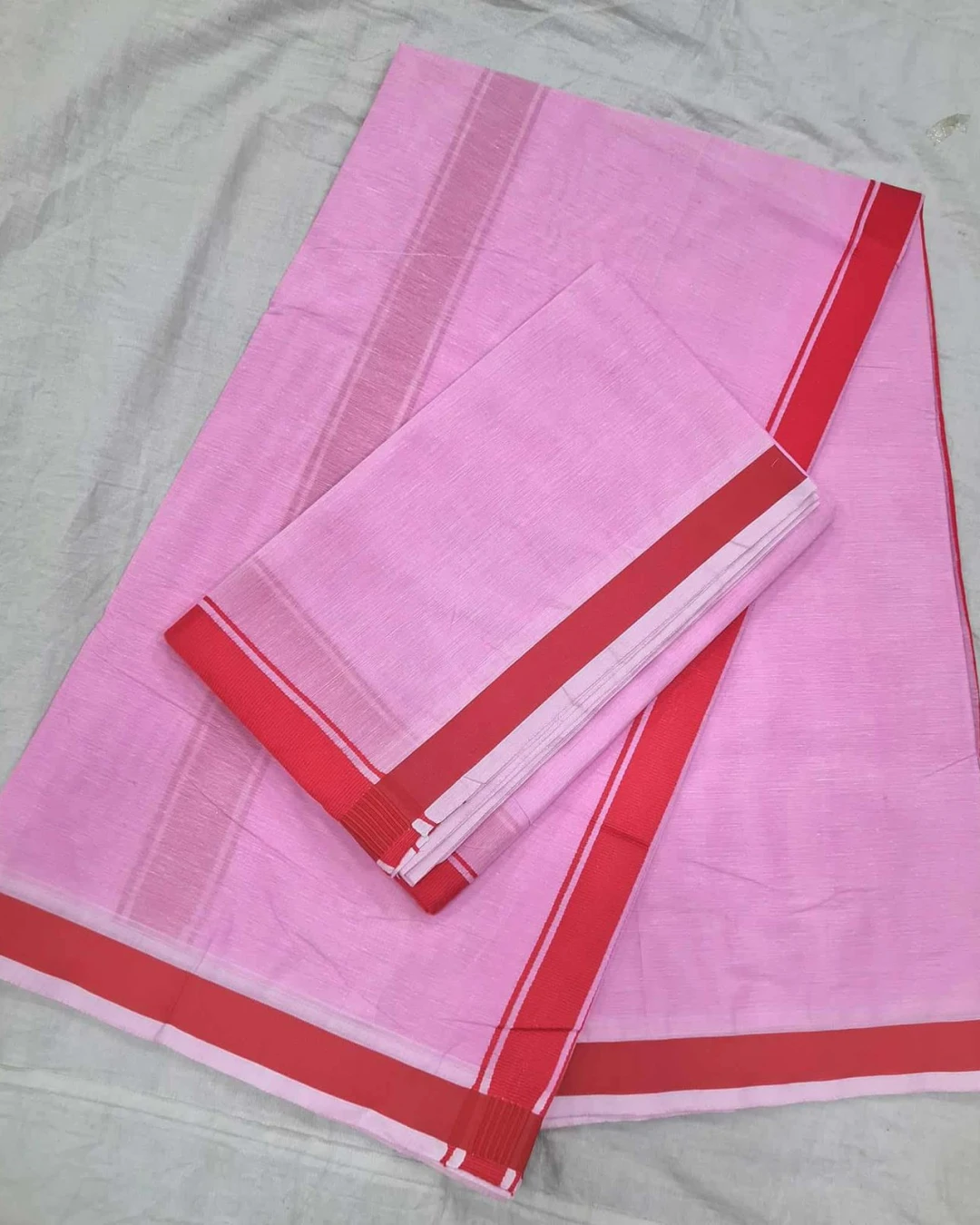 Pink Cotton Unstitched Dhuti & Utori Set with Red Border