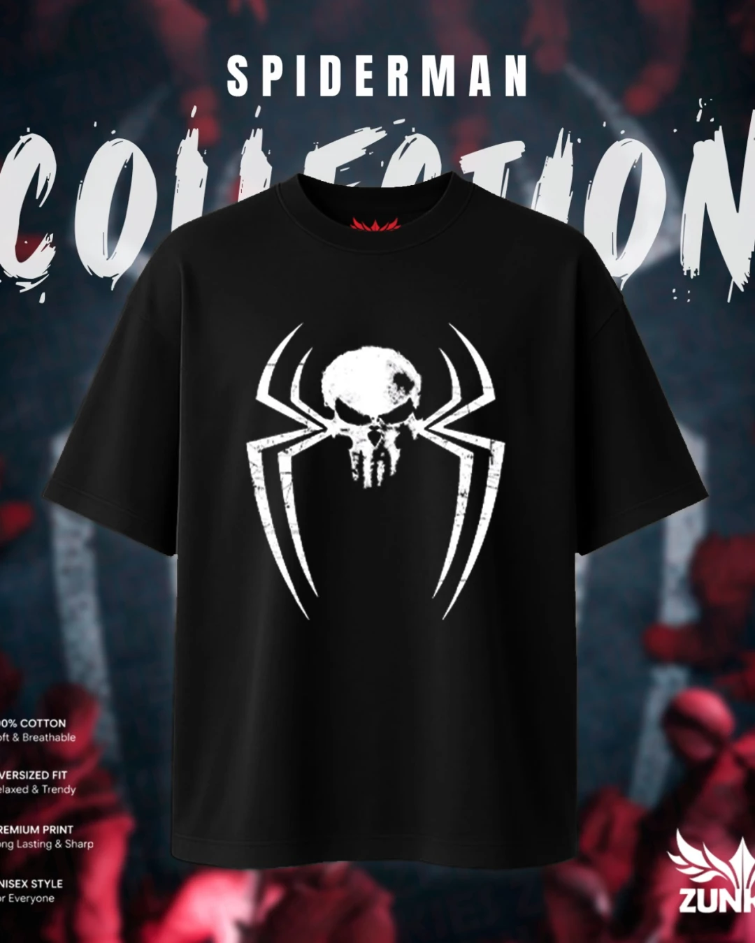 Spider-Man x Punisher Skull Emblem Solid Black Tee