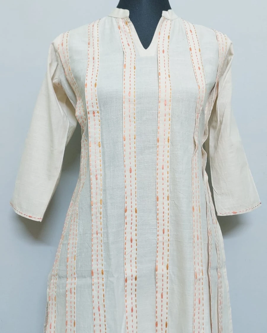 Off-White Kantha Stitch Striped Khadi Cotton Kurti