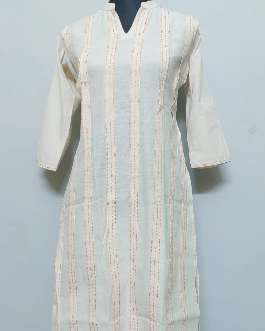 Off-White Kantha Stitch Striped Khadi Cotton Kurti
