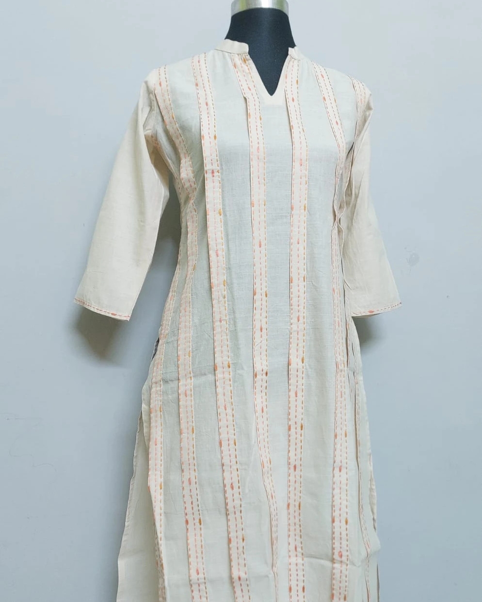 Off-White Kantha Stitch Striped Khadi Cotton Kurti