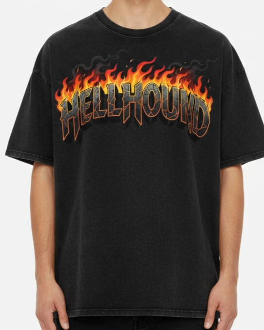 Hellhound Blaze Acid Wash Oversized Drop Shoulder Tee
