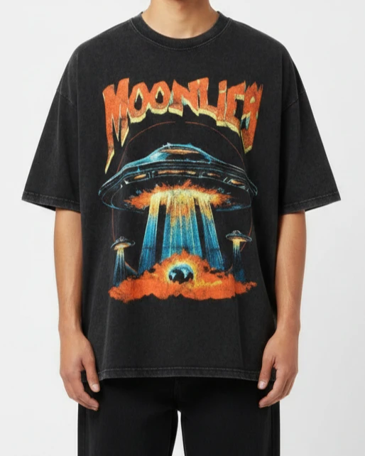 Moonlight Abduction Acid Wash Oversized Drop Shoulder Tee